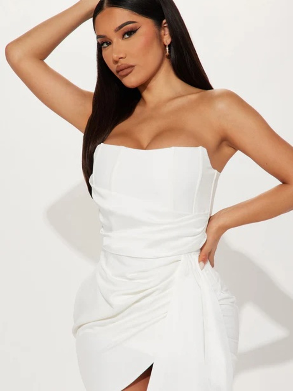 💎NEW! Fashion Nova Strapless White Draped Midi Dress with Front Slit (Small)